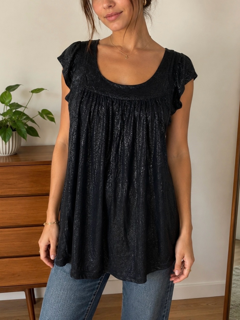 Vintage Y2K Metallic Shimmery Glam Short Sleeve Tunic Top 2000s Dark Romantic